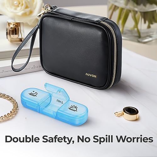 AUVON Weekly Pill Organizer 3 Times a Day, Large Pill Box 7 Day with A PU Leather Bag, Protabel Travel Pill Case Medication Reminder, Daily Pill Box 3 Times a Day for Vitamins, Fish Oils, Supplements