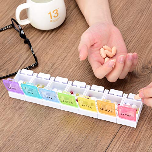 LEMBOL Detachable Pill Organizer,Weekly Pill Box 1 Time a Day,Large Daily Pill Case for Pills/Vitamin/Fish Oil/Supplements(Rainbow)