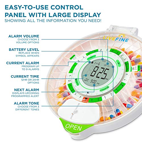 LiveFine 28-Day Automatic Pill Dispenser with Upgraded LCD Display, Key Lock, Sound & Light for Prescriptions, Medication, Vitamins, Supplements & More