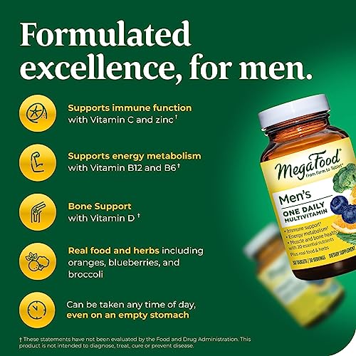 MegaFood Men's One Daily - Multivitamin for Men with Zinc, Selenium, Vitamin B12, Vitamin B6, Vitamin D & Real Food - Immune Support Supplement - Muscle and Bone Health - Vegetarian - 90 Tabs