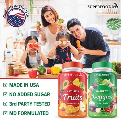 Superfood MD Fruits and Veggies Supplement - 90 Fruit and 90 Veggie Capsules - Supports Energy Balance, High Lycopene, Vitamins & Minerals -Made in The USA - 90 Count (Pack of 2)