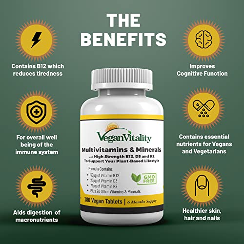 Vegan Multivitamins & Minerals for Women and Men with High Strength Vitamin B12, D3 & K2. 180 Multivitamin Tablets - 6 Months Supply. Vitamins for Vegans & Vegetarians