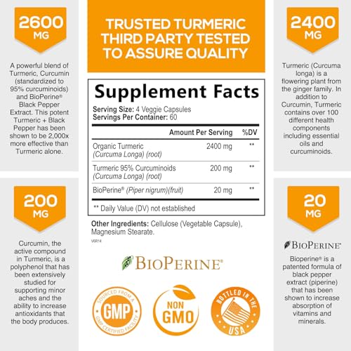 Turmeric Curcumin with BioPerine 95% Standardized Curcuminoids 2600mg - Black Pepper for Max Absorption, Natural Joint Support, Nature's Tumeric Extract, Herbal Supplement, Non-GMO - 240 Capsules