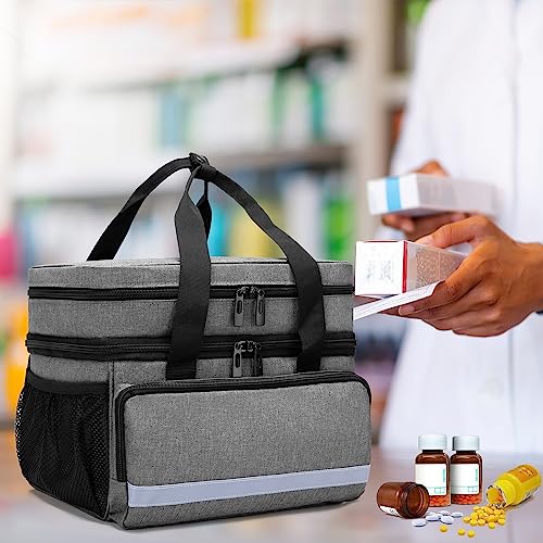 CURMIO Double Layers Pill Bottle Organizer Bag Empty, Medicine Organizer Storage Case with Lockable Zippers, Medication Travel Bag for Prescription Bottles, Medical Supplies, Gray (Patent Design)