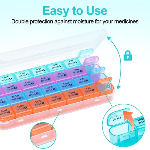 Monthly Pill Organizer 1 Times a Day,Daviky 4 Weekly Pill Organizer,Monthly Pill Box 1 Times a Day Organizer,28 Day Portable Pill Case Organizer,Medicine Organizer for Vitamins and Medication（Rainbow）