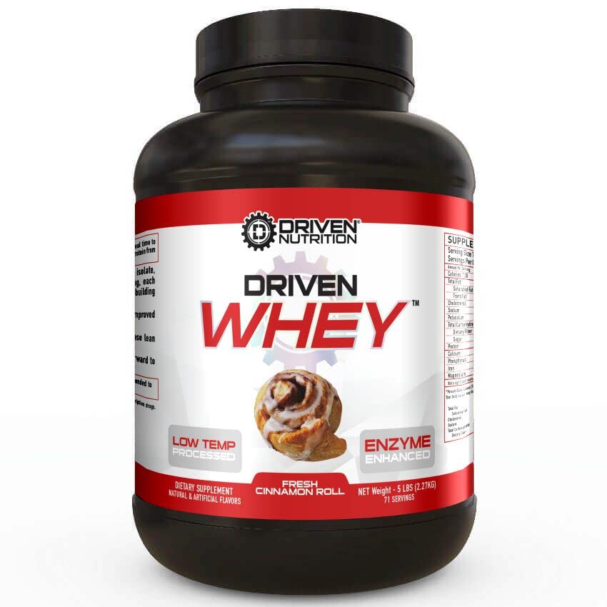 Driven WHEY- Grass Fed Whey Protein Powder: Delicious, Clean Protein Shake- Improve Muscle Recovery with 23 Grams of Protein with Added BCAA and Digestive Enzymes (Fresh Cinnamon Roll, 5 lb)