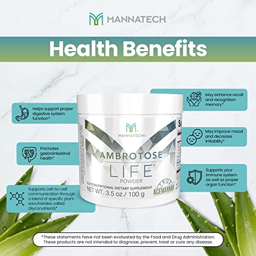 Immune Support Supplement, Mannatech Ambrotose Life (Powder) 100g, Supports Cell-to-Cell Communication and a Healthy Immune Defense, with Manapol Powder Pure 100% Natural Aloe Vera Supplement