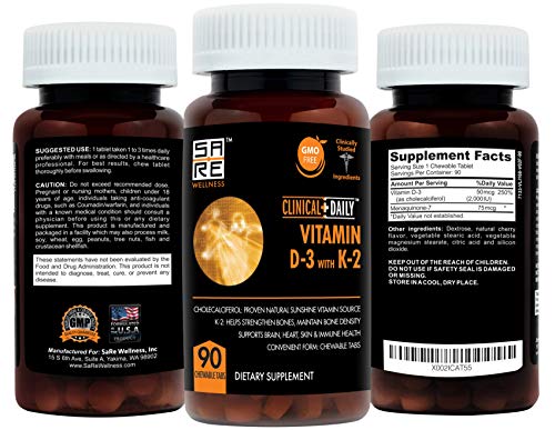 Clinical Daily Chewable Vitamin D3 K2. Vegan Vitamin D Immune Support Supplement for Women, Men and Kids. Vitamin K Supplements for Bone & Joint Support. 90 Vegetable Chewable Pills - 3 Month Supply