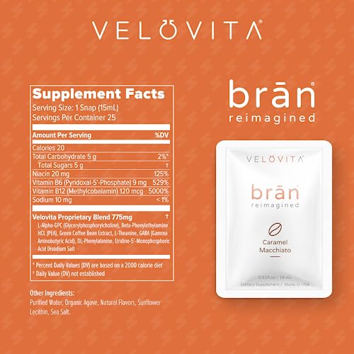 VELOVITA brān® Reimagined Caramel Macchiato Flavor Nootropic - Boost Energy and Increase Focus & Alertness with Vitamins - Non GMO, Gluten Free, Vegan, Keto-Friendly and Dairy Free - 25 Servings