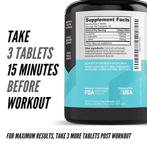 Crazy Muscle BCAA Pills with The Perfect 2:1:1 Ratio of Branched Chain Amino Acids Supplement - 1000mg of BCAAs per Pill (Better Than Capsules) by Crazy Muscle - 120 Tablets