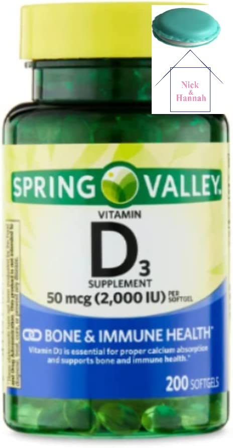 Spring Valley Vitamin D3 Supplement, 50 mcg (2,000 IU), 200 Count + 1 Mini Pill Container (Style & Color Vary)