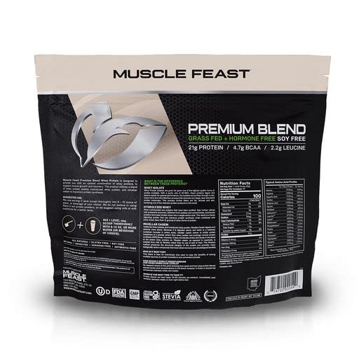 MUSCLE FEAST Grass Fed Premium Blend Whey Protein, Hydrolyzed Whey, Isolate, Micellar Casein, Kosher Certified, 21g Protein, 100 Calories (Vanilla, 5lb)