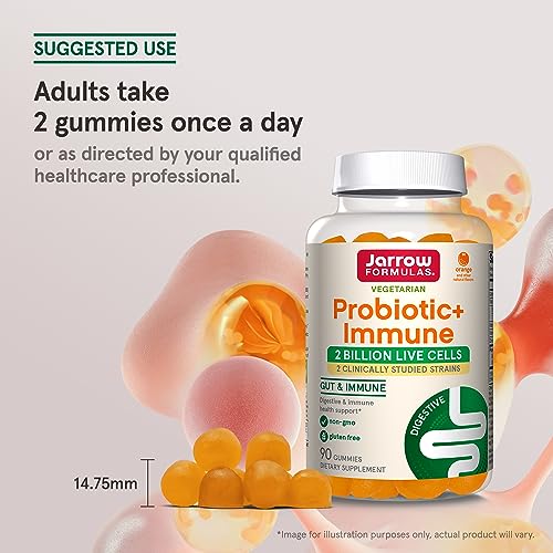 Jarrow Formulas Probiotic + Immune 2 Billion CFU With 2 Clinically-Studied Strains, Vitamins C, D & Zinc, Dietary Supplement for Digestive and Immune Support, 90 Orange-Flavored Gummies, 45 Day Supply