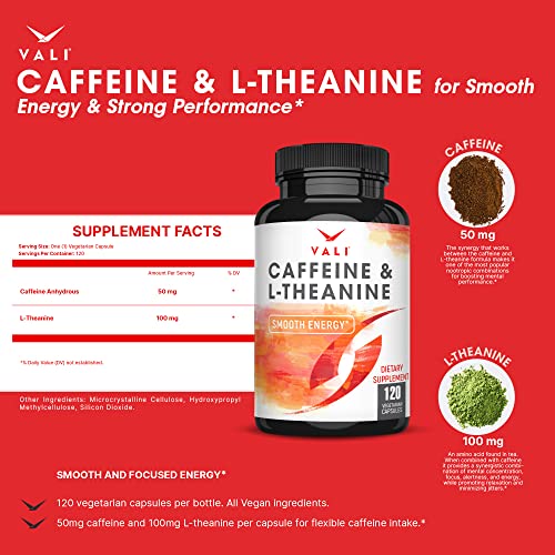 VALI Caffeine 50mg & L Theanine 100mg - Caffeine Pills & L-Theanine for Smart Smooth Energy & Focus Supplement. Nootropic Brain Booster Cognitive Support Stack & Focused Clarity. 120 Veggie Capsules