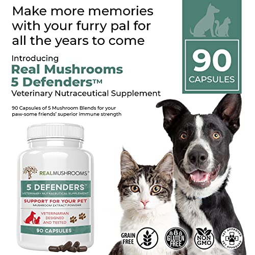 5 Defenders Mushroom Supplements for Cat & Dog Vitamins for Health Support with Chaga, Shiitake, Reishi & Turkey Tail Mushroom - Vet-Approved Mushroom Powder Capsules (90ct)