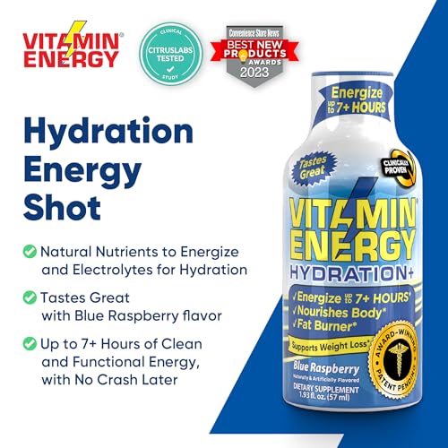 Vitamin Energy Hydration+ Energy Drink Shots, Blue Raspberry Flavor, Up to 7+ Hours of Energy, 1.93 Fl Oz, 48 Count