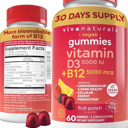 Vegan Vitamin B12 Gummies for Adults 5000mcg with Vitamin D3 5000 IU, 60 Count - Gluten-Free Vitamin D and Methyl B12 Chewable Vitamin B12 Gummy Supplement for Energy, Bone Health