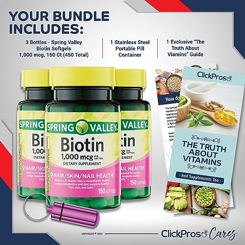 Spring Valley Biotin Softgels, 1000 mcg, 150 Count 3 Pack Bundle (450 Total) - Includes Vitamin Guide and Pill Container (5 Items)!