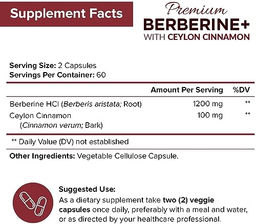 NutriFlair Premium Berberine HCL 1200mg, 120 Capsules - Plus Pure True Ceylon Cinnamon, Berberine HCI Root Supplements Pills - Supports Glucose Metabolism, Immune System, Healthy Weight Management