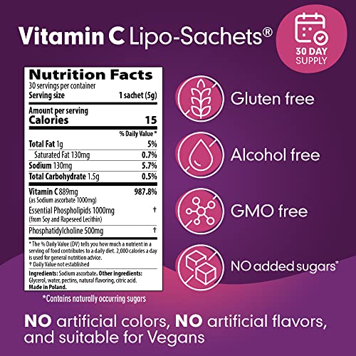 Lipo-Sachets Liposomal Vitamin C 1000mg - Blackcurrant Flavor. 30 Liquid Vitamin C Packets. Strong High Absorption Liposomal Vitamin C Gel. Efficient Vit C Delivery. No Added Sugar Vitamin C Liposomal