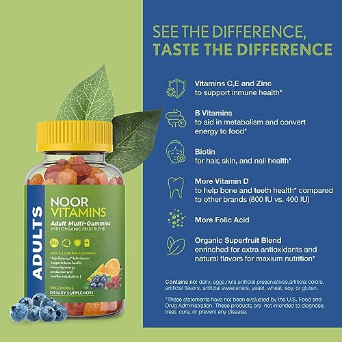 Noor Vitamins Halal Adult Multivitamin Gummy with Organic Fruit Blend for Men and Women; Non-GMO, Gluten Free, Vegan Friendly Gelatin Free Halal Vitamins - 90 Count