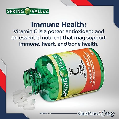 Spring Valley Vitamin C with Rose Hips Tablets Dietary Supplement, 1,000 mg, 250 Count 2 Pack Bundle (500 Total) - Includes Vitamin Guide and Pill Container (4 Items)!