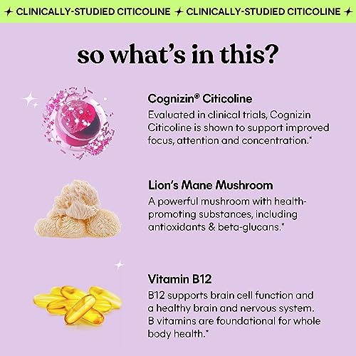 Lemme Focus Concentration & Brain Health Gummies with Cognizin Citicoline, Lion's Mane Mushroom, Vitamin B12 to Support Focus + Concentration - Vegan, Gluten Free, Caffeine Free, Strawberry (50 Count)