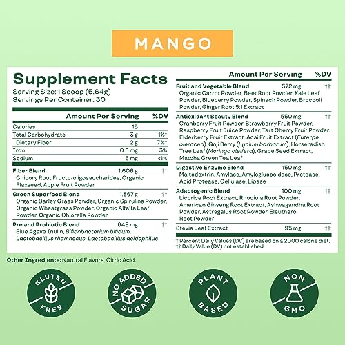 Bloom Nutrition Super Greens Powder Smoothie & Juice Mix - Probiotics for Digestive Health & Bloating Relief for Women, Digestive Enzymes with Superfoods Spirulina & Chlorella for Gut Health (Mango)