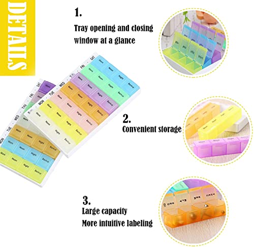 Weekly Pill Organizer Medicine Box: Pill Containers 7 Day 4 Times A Day, Vitamin Containers Organizer, Pill Cases with Spring Open Design and Large Compartment to Hold Vitamins Fish Oil, Rainbow Lids