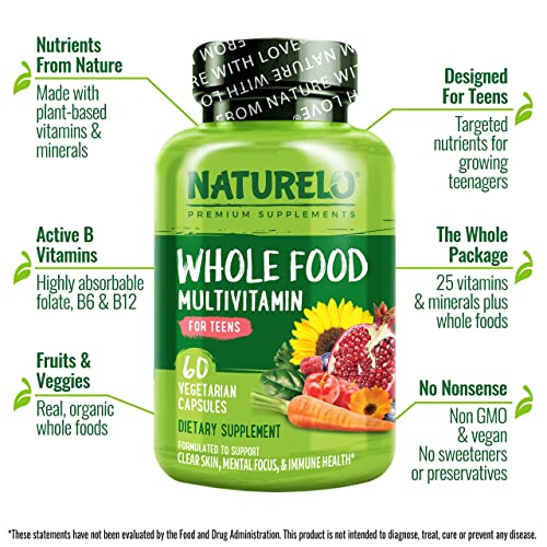 NATURELO Whole Food Multivitamin for Teens - Vitamins and Minerals for Teenage Boys and Girls - Supplement for Active Kids - with Organic Whole Foods - Non-GMO - Vegan & Vegetarian - 60 Capsules