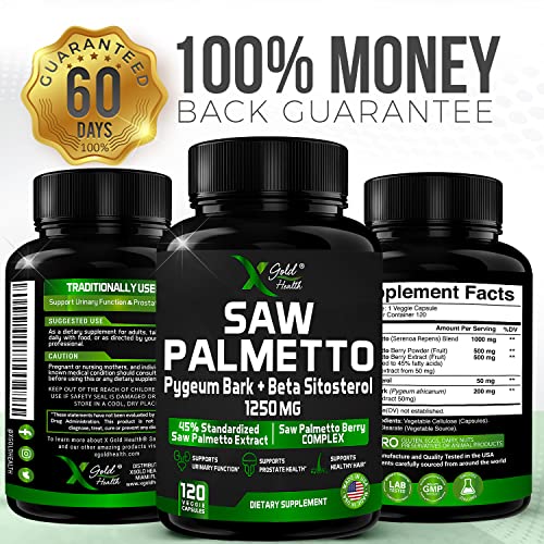 X Gold Health Saw Palmetto Prostate Supplement for Men | Pygeum Bark | Beta Sitosterol Supplement | Potent 3X Formula | Urinary Function Prostate | DHT Blocker Hair Growth | 4 Month Supply Male Pills