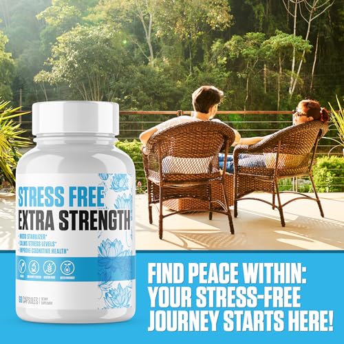 Stress Free Extra Strength | #1 Rated Stress & Mood Support Supplement for Men & Women | Boost Mood, Relieve Stress, Improve Cognitive Health w/Ashwagandha, 5-HTP, L-Theanine + More - 60 Pills