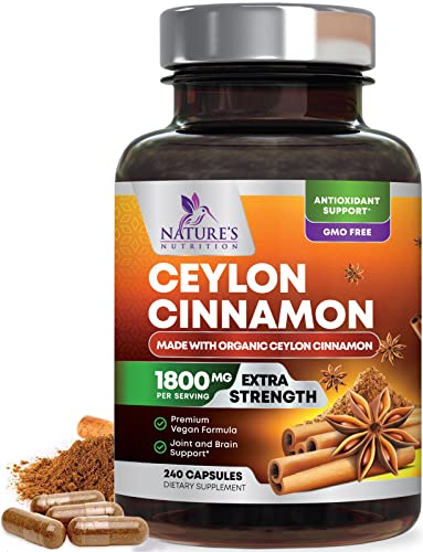 Pure Cinnamon Capsules, Certified Organic Ceylon Cinnamon Pills, Non-GMO, Gluten-Free, Dairy-Free, Sri Lanka Cinnamon Powder Supplement, Best Vegan True Cinnamomum Vitamins, Sugar Free - 240 Capsules