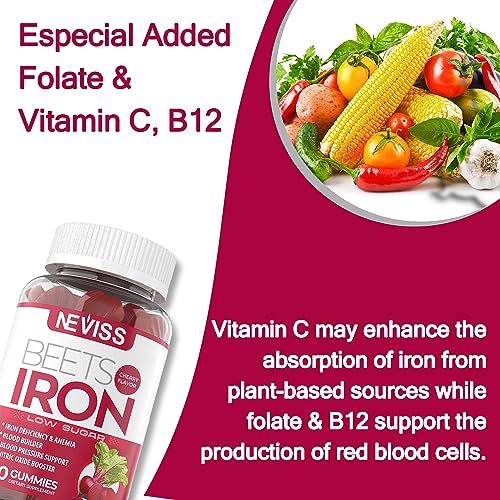 Iron Gummies, Carbonyl Iron 12.5mg with Beet Root Powder, Vitamin C, Folate, B12 Increase Iron Levels, Nitric Oxide Booster, Boost Energy, Gentle Iron Supplement for Women, Non-GMO, Vegan, 120 Counts