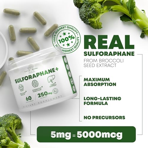 Peak Revival-X 5000mcg of Real Lab-Verified Sulforaphane Supplement - Broccoli Seed Extract 250mg Supplements - Promotes Cognitive Function, Liver & Cellular Support - 60 Vegan Capsules/Pills