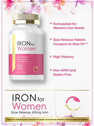 Iron Supplement for Women | 45mg | 200 Slow Release Tablets | Vegetarian, Non-GMO, & Gluten Free | by Carlyle