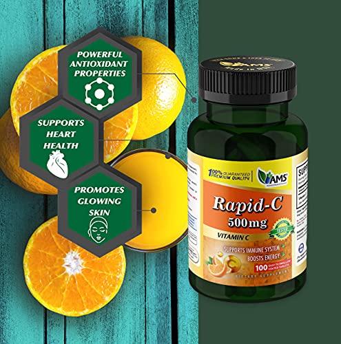 America Medic & Science Rapid-C 500mg Vitamin C Supplement (2 Pack of 100 Tablets) Energy Booster, Daily Immune System Support, Antioxidant | Vegan, Non-GMO Coated Ascorbic Acid for Adult Men & Women