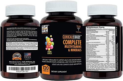 Clinical Daily Complete Whole Food Multivitamin Supplement for Women & Men - Complete Liquid Vitamin Absorption! 42 Superfood Fruits Vegetables - Young Adult to Senior - 120 Liquid Capsules