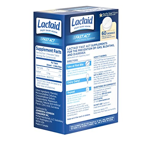 Lactaid Fast Act Lactose Intolerance Chewables with Lactase Enzymes, Vanilla, 60 Count (Pack of 1)