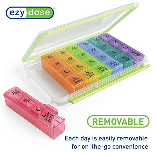 Ezy Dose Weekly (7-Day) Pill Organizer, Vitamin and Medicine Box, X-Large Pop-Out Compartments, 4 Times a Day, Rainbow Lids with Case - Multicolor