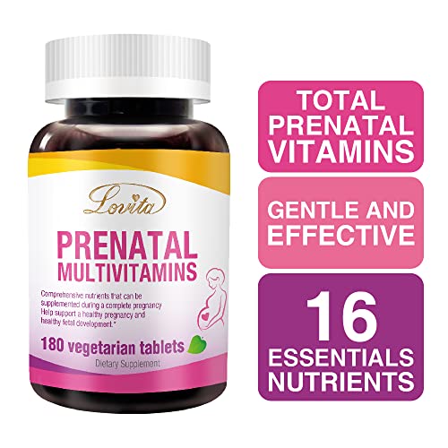 Lovita Prenatal Vitamins with Iron 27 mg, Folic Acid 800mcg & Calcium, Vegan Prenatal Vitamins for Women During and Post Preganacy, Non GMO, 180 Vegetarian Prenatal Pills