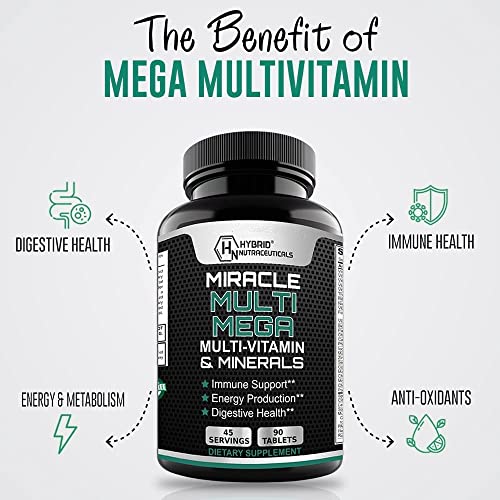 MiracleMulti MEGA Multivitamin for Men and Women - Multi Vitamin and Multi Minerals with Probiotics, Enzymes, Mushroom Complex, Anti-Oxidants, Organic Superfood Blend, Non-GMO - 90 Tablets