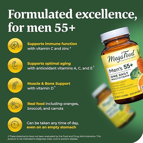 MegaFood Men's 55+ One Daily - Multivitamin for Men with Vitamin B12, Vitamin C, Vitamin D & Zinc - Optimal Aging & Immune Support Supplement - Vegetarian - Made Without 9 Food Allergens - 120 Tabs