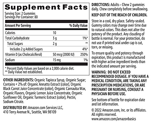 Amazon Basics Vitamin D3 2000 IU Gummies, Orange, Lemon & Strawberry, 160 Count (2 per Serving) (Previously Solimo)