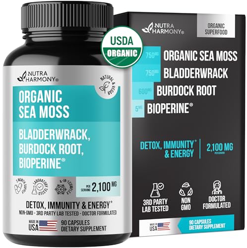 USDA Organic Sea Moss - Irish Raw Seamoss - Made in USA - Immunity, Energy & Detox Support - Bladderwrack & Burdock Root - As Pills, Powder, Gummies, Liquid Drops - 2100 mg, 90 Vegan Capsules