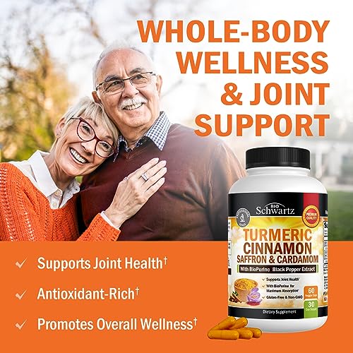 Turmeric Cinnamon Supplement with Saffron and Cardamom Plus BioPerine Black Pepper Extract for Max Absorption - Natural Tumeric Curcumin Joint Support Supplement for Women and Men - 60 Capsules