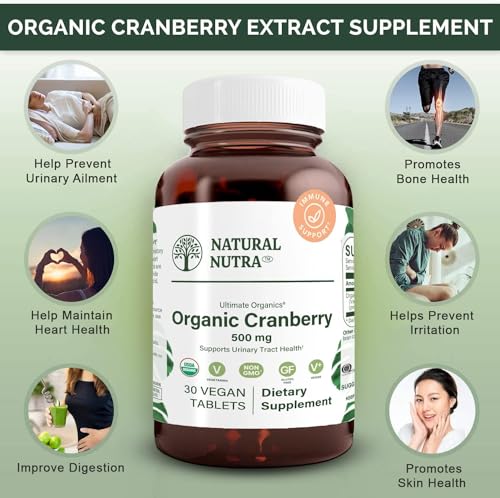 Natural Nutra Organic Cranberry Extract Supplement, Pills for Kidney Cleanse & Uniary Tract Health, Help Heart and Bone Health 30 Tablets, One Month Supply