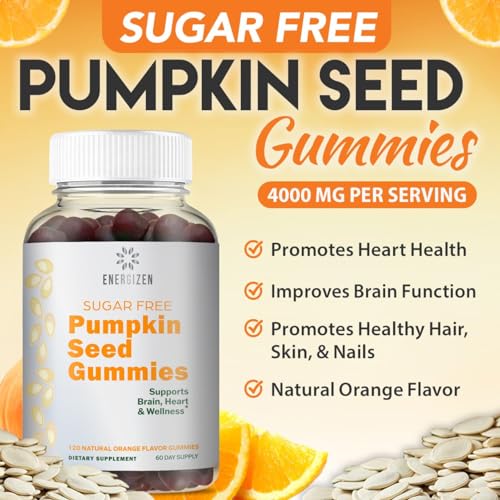 Pumpkin Seed Gummies - Natural Orange Flavor, Sugar-Free, Vegan, Non-GMO - 120 Gummies for Hair Growth, Bladder & Urinary Tract Support, and Young Skin - Gluten-Free Dietary Supplement 4,000mg
