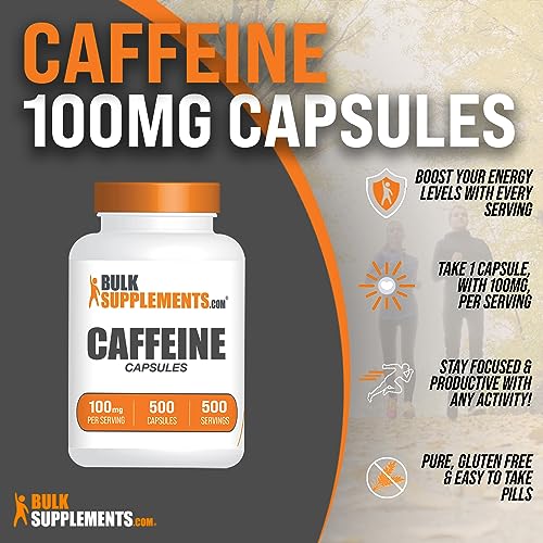 BULKSUPPLEMENTS.COM Caffeine Capsules - Caffeine Supplements, Caffeine Pills 100mg - Caffeine Capsule, Stay Awake Caffeine Pills - 1 Capsule per Servings, 500-Day Supply, 500 Capsules