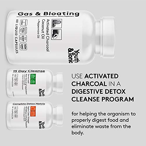 Activated Charcoal Pills for Bloating and Gas Relief w/ Peppermint & Organic Coconut Oil | Active Charcoal Powder in Liquid Capsules for Stomach & Digestive System | Natural Detox for Men & Women